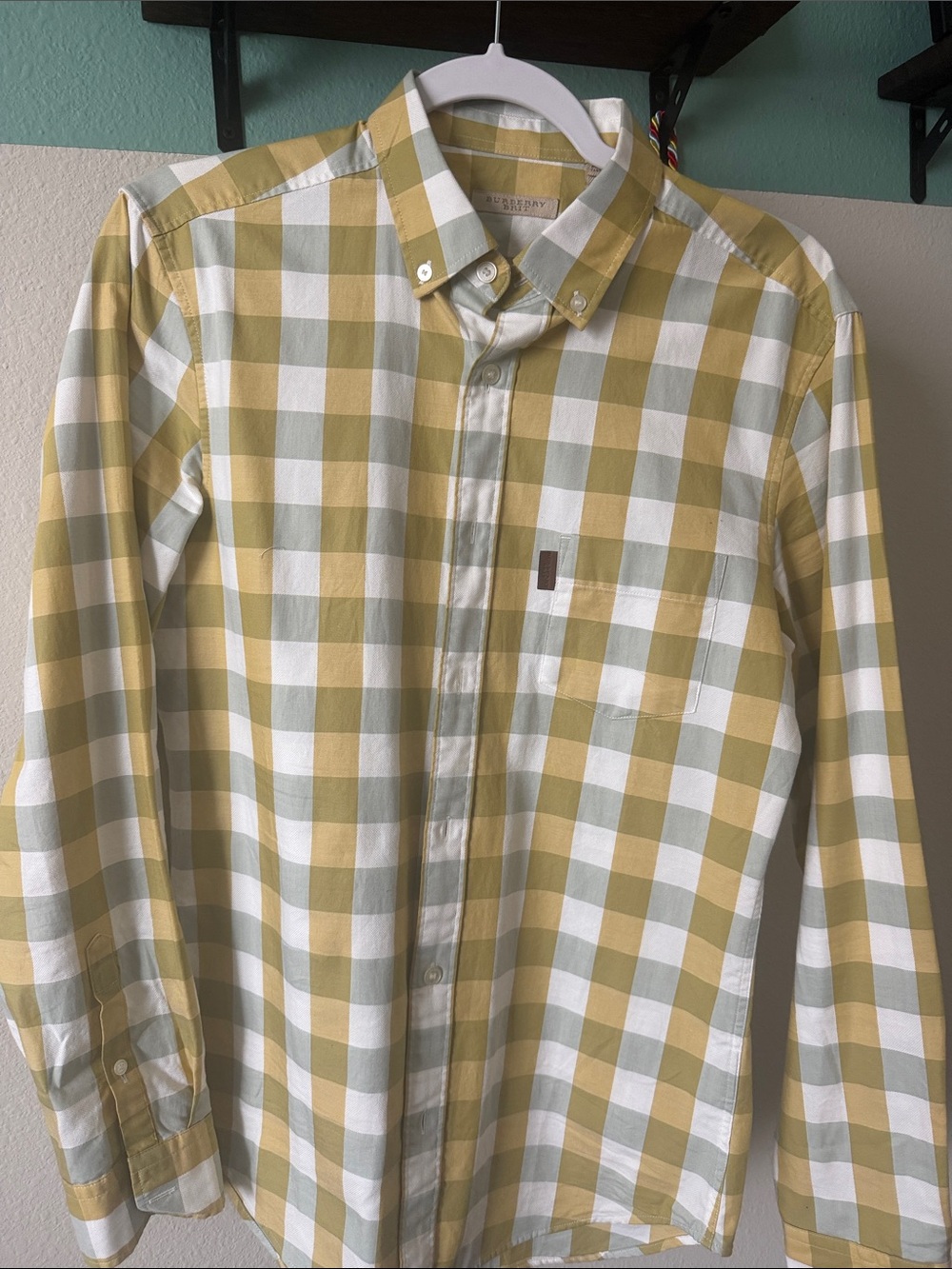 Burberry Yellow, White & Light Green Gingham Button-Down Shirt